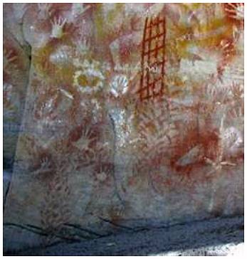 Aboriginal stencil and freehand art at Cathedral Cave in Central Queensland; estimated to be up to 500 years old.